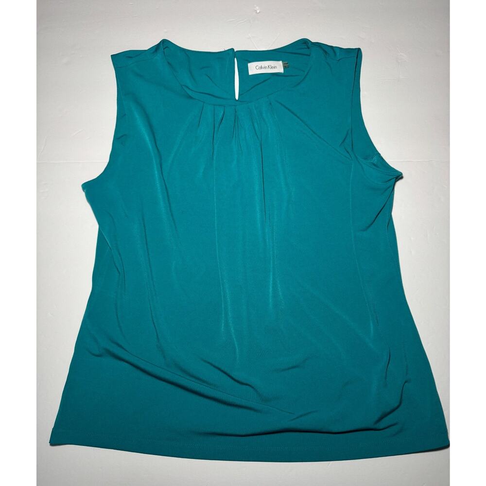 Calvin Klein Women’s Teal Sleeveless Pleated Blouse Top Size Large Career Chic